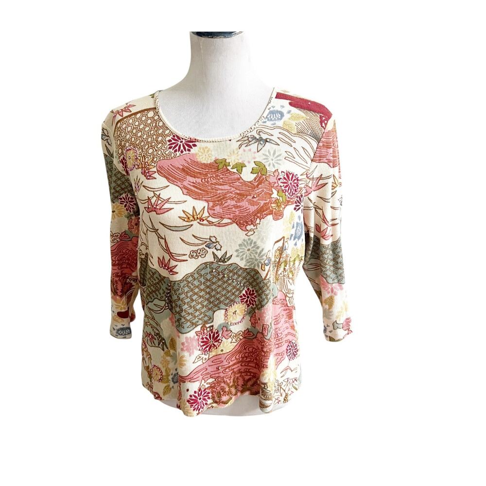 Vintage Style & Co. Top Women's Large Beige Floral Beaded 3/4 Sleeve Japanese